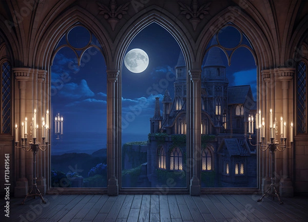 Fototapeta Gothic castle illuminated by moonlight viewed through arched windows night sky clouds