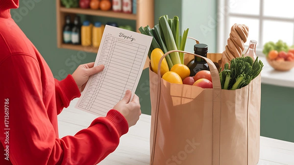 Fototapeta Person holding shopping list near grocery bag filled with produce image