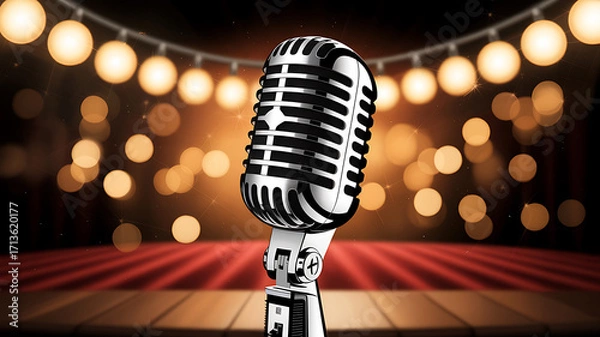 Fototapeta Vintage chrome microphone on stage with warm lights vintage microphone performance