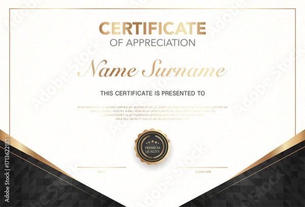 Fototapeta Modern certificate of appreciation template with elegant gold and black design, premium quality badge, customizable name and signature area, perfect for awards, achievement or recognition.
