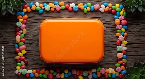 Fototapeta Candy Frame Mockup Colorful Jelly Beans Border on Wood Background