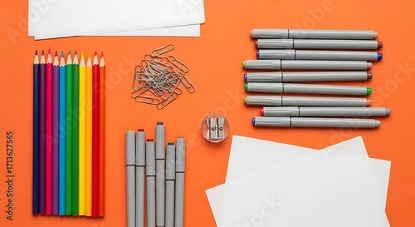 Fototapeta Colorful Stationery on Orange Background Artistic Tools for Creativity and Design