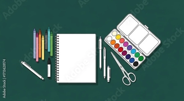 Fototapeta Art Supplies Flatlay on Green Background Watercolor Palette Sketchbook Crayons Markers for Creative Projects
