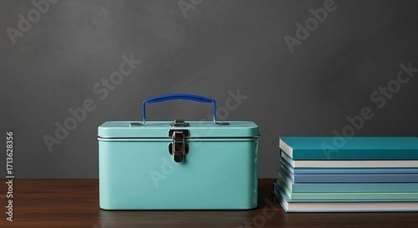 Fototapeta Stylish Teal Briefcase and Stack of Books on Wooden Table Education and Organization Concept