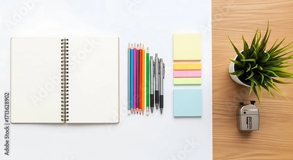 Fototapeta Minimalist Workspace with Stationery and Plant Flat Lay Composition