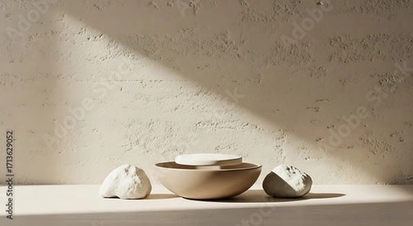 Fototapeta Minimalist Product Display with Beige Podiums and Natural Rocks on a Light Background