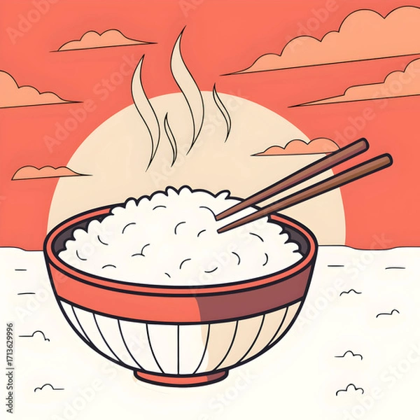 Fototapeta white rice with sunset background copy space for