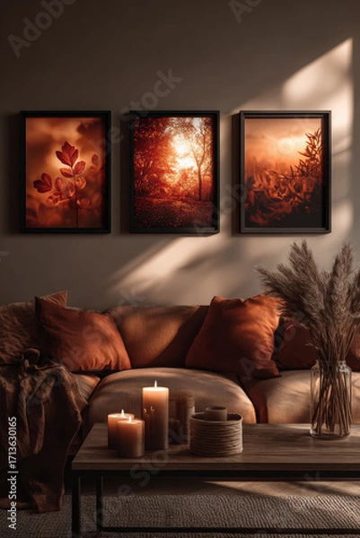 Obraz Cozy living room with framed art, candles, and decorative elements.