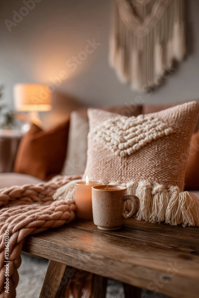 Obraz Cozy living room with candles and a warm drink