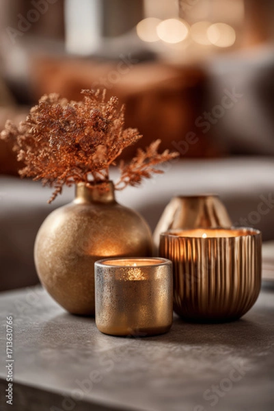 Obraz Elegant golden candles and decor create a warm, inviting ambiance in a cozy setting.