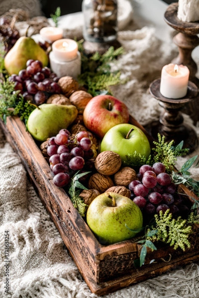Obraz Festive fruit arrangement with candles and walnuts in a wooden tray.
