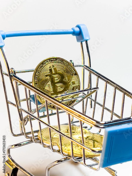 Fototapeta A shopping cart is filled with gold coins and a Bitcoin coin.  Russia. Moscow. 10.09.25