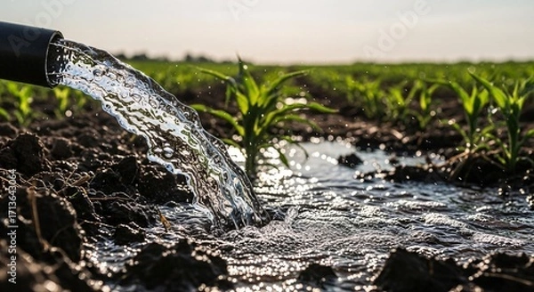 Fototapeta Irrigating a Field of Young Corn Seedlings with Fresh Water From a Pipe into the Soil