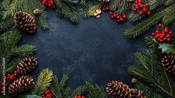 Obraz Festive Christmas Background with Pine Branches, Pinecones and Red Berries on Dark Textured Background