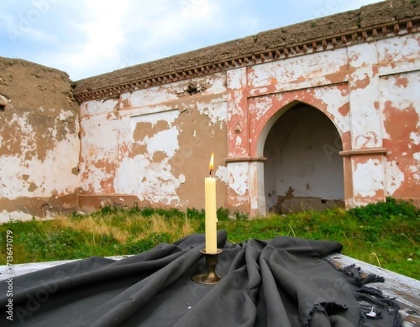 Obraz Candle on table, old building