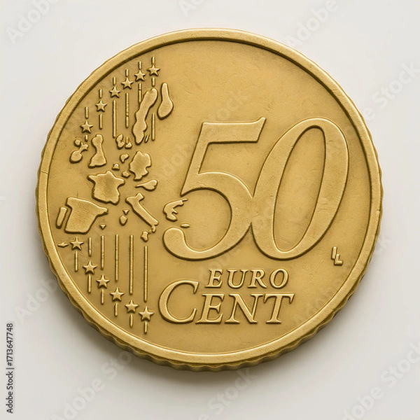 Fototapeta The 50 Euro Cent coin shines with stars and a map of Europe.