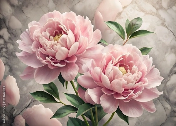 Fototapeta Delicate Pink Peonies in Full Bloom Against a Soft Marble Background