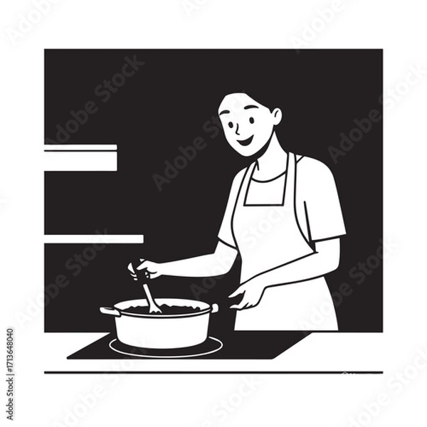 Fototapeta Black and White Vector Illustration of a Smiling Woman Cooking in Kitchen with Apron and Headband