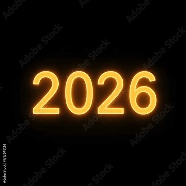Fototapeta Minimal black background with glowing 2026 text.