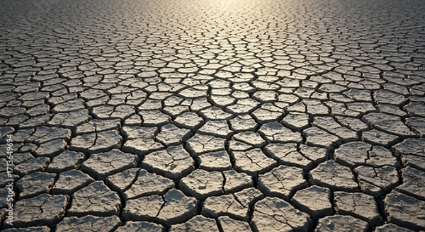 Fototapeta The cracked, dusty earth of a parched riverbed, a symbol of environmental climate change