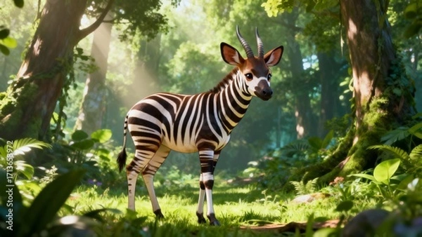 Fototapeta Zebra-Striped Okapi in Lush Green Jungle