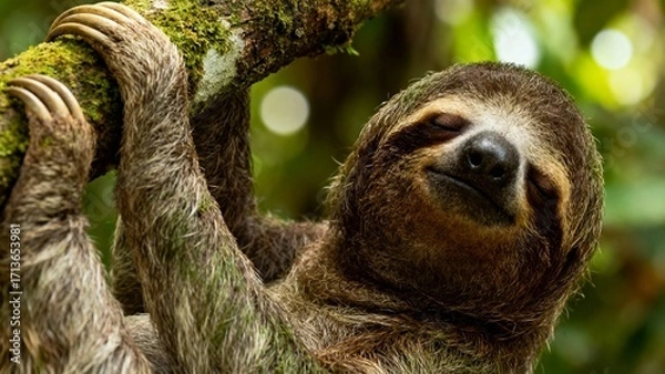Fototapeta Relaxed Sloth Hanging Calmly in Rainforest
