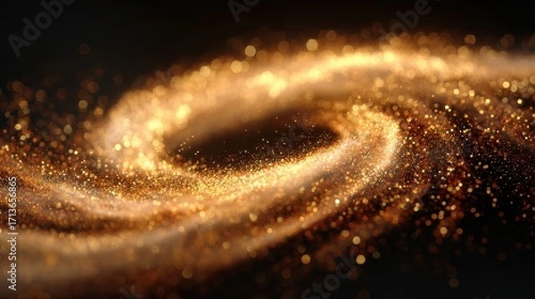 Fototapeta Abstract Golden Glitter Swirl, Sparkling Particles on Black, Festive Bokeh Background