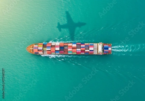 Fototapeta An aerial view of a large container ship with an airplane's shadow crossing over the turquoise sea