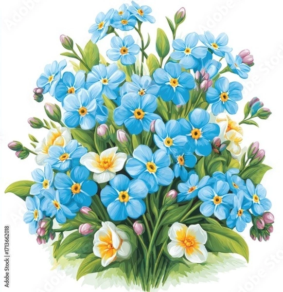 Obraz Bright bouquet of light blue forget-me-nots and cream-colored flowers