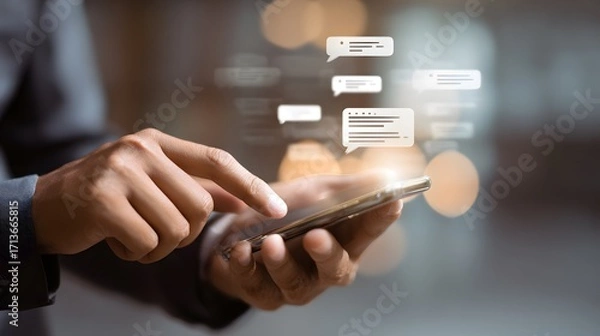 Fototapeta Men hand typing on mobile smartphone, Live Chat Chatting on application Communication Digital Web and social network Concept.
