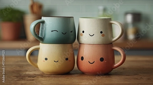 Fototapeta Cute and Colorful Smiling Mugs Stacked with Cheerful Expressions on a Rustic Kitchen Table