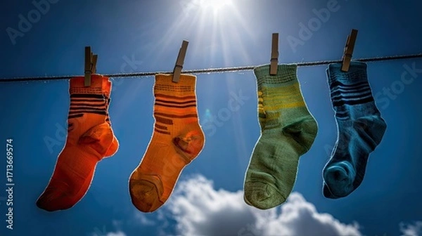 Fototapeta Colorful Socks Drying on a Clothesline Under Bright Sunny Sky with Vibrant Blue Background and Fluffy Clouds