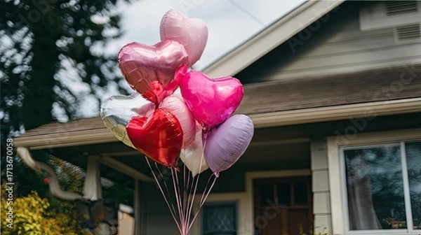 Fototapeta Colorful Heart-Shaped Balloons Floating Near a Charming House on a Sunny Day in a Residential Neighborhood