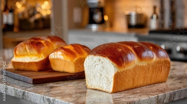 Fototapeta Freshly Baked Loaves of Bread on a Kitchen Counter with Soft Lighting and Modern Decor