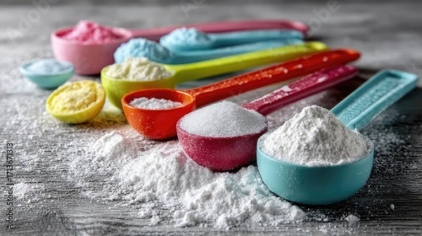 Fototapeta Colorful Measuring Spoons Filled with Different Types of Powders on a Rustic Wooden Surface