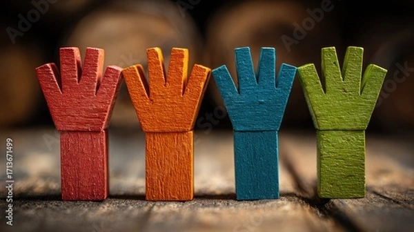 Fototapeta Colorful Wooden Hand Shapes Symbolizing Unity and Diversity on Rustic Background