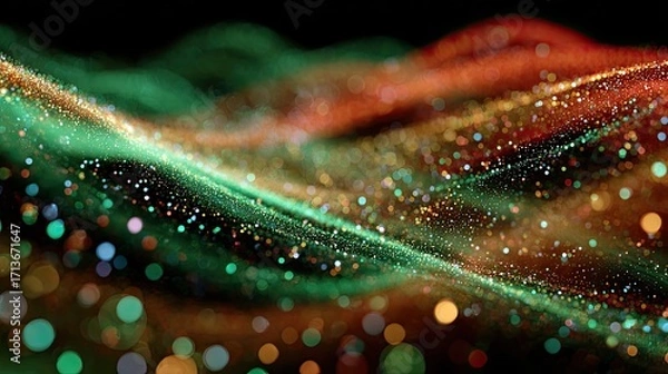 Fototapeta Vibrant Abstract Background with Colorful Particles and Flowing Waves of Light in Green, Red, and Gold Tones