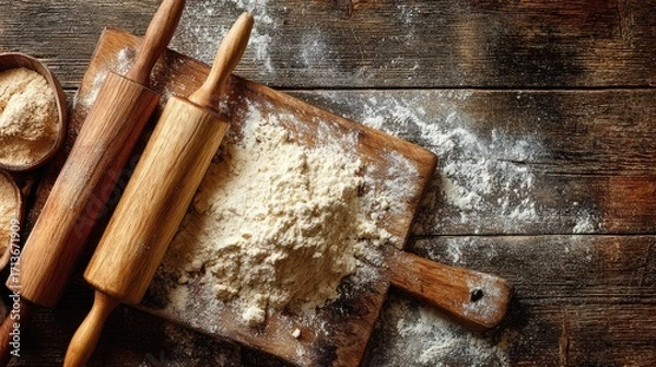 Fototapeta Rustic Cooking Scene With Rolling Pins, Flour, And Wooden Utensils On Dark Background For Culinary Arts And Baking Inspiration