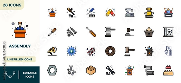 Obraz 28 Lineal Color Filled PIXEL Perfect Vector Icons for Assembly Graphics