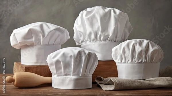 Fototapeta Collection of White Chef Hats on Wooden Surface with Rolling Pin and Cloth for Culinary and Cooking Use
