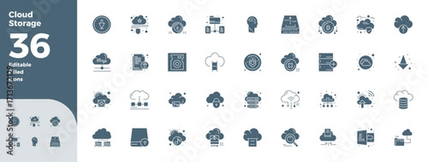 Obraz Cloud Storage Professional Vector Set with 36 Black Filled PIXEL Perfect 128x128 Icons