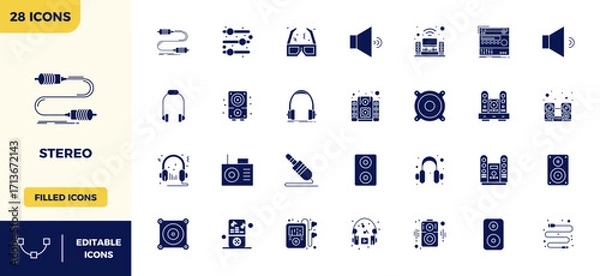 Obraz Stereo Complete Vector Package with 28 128x128 Glyph Filled PIXEL Perfect Icons