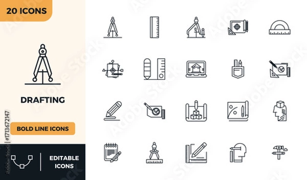 Obraz Drafting PIXEL Perfect Vector Set with 20 128x128 Bold Line Icons