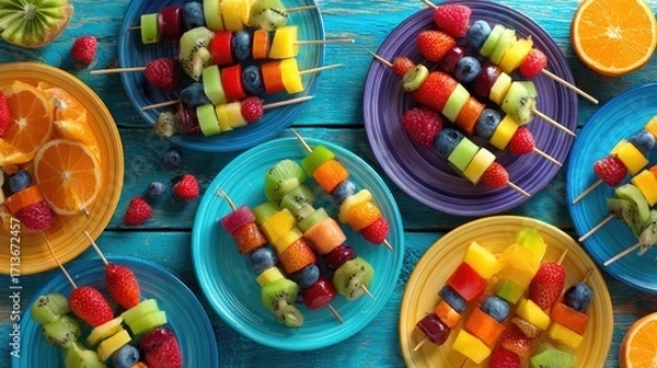 Fototapeta Colorful Fruit Skewers on Vibrant Plates Perfect for Summer Parties and Healthy Snacks