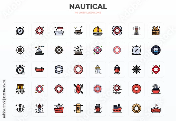 Obraz Nautical Vector Icon Collection with 40 128x128 Flat Line Filled Designs