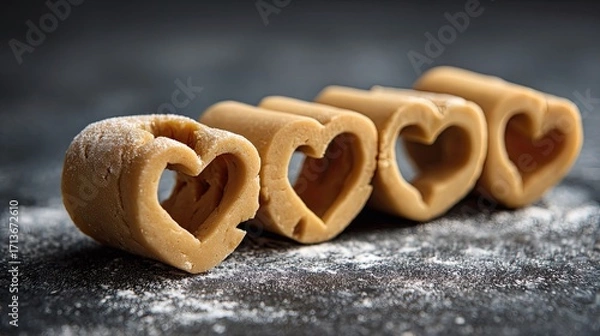 Fototapeta Heart-Shaped Cookie Dough Rolls on a Dark Surface Dusting of Flour for Baking and Culinary Arts