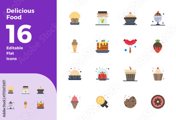 Obraz 16 Flat Vector Icons designed for Delicious Food in 128x128 PIXEL Perfect format