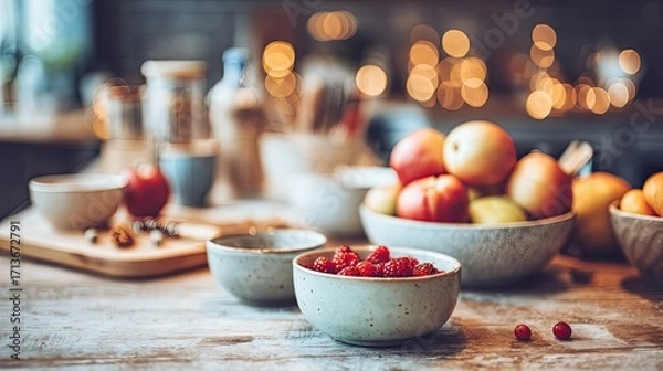 Fototapeta Colorful Fruits and Berries in Modern Kitchen Setting with Warm Bokeh Background