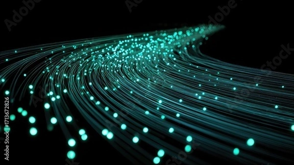 Fototapeta Abstract glowing lines of turquoise light with dots flowing in a dynamic motion on a dark background