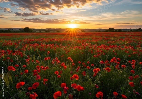 Obraz Golden hour light bathes a vibrant field of red poppies and green grass in a peaceful countryside setting